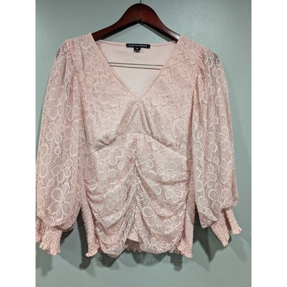 Boston Proper Women's Pink Floral Lace V-Neck Long-Sleeve Top Cinched Size S - Picture 2 of 16